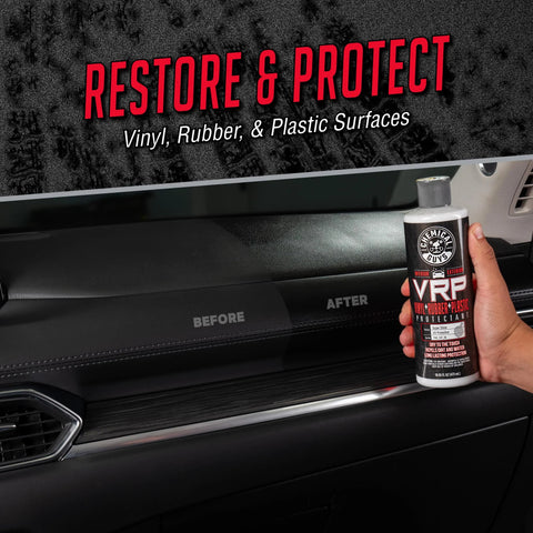 Person holding VRP 16 oz bottle near dashboard showing before and after effects of using Vinyl Rubber And Plastic Dressing For Tires Trim And Surfaces Delivers A Non Greasy Dry To The Touch Shine That Restores Rich Depth To Tires Bumpers Dashboards And More Safe For Cars Trucks SUVs RVs 16 Oz.