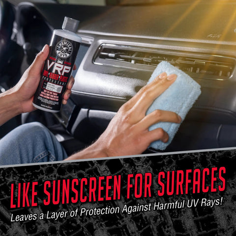 Person using VRP Vinyl Rubber And Plastic Dressing For Tires Trim And Surfaces Delivers A Non Greasy Dry To The Touch Shine That Restores Rich Depth To Tires Bumpers Dashboards And More Safe For Cars Trucks SUVs RVs 16 Oz on car dashboard