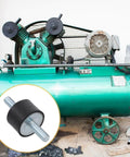 Four VV type rubber shock absorbers provide reliable vibration isolation and damping for industrial equipment next to a green compressor.