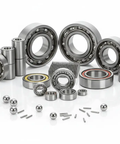Assorted industrial bearings and components displayed on a white background, featuring various sizes and types for mechanical use.