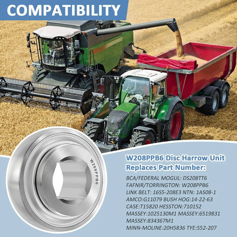 Heavy duty 1 inch square bore disc harrow bearing with triple lip seal shown with agricultural machinery in a field