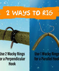 Two bass fishing setups using wacky rigging o-rings, shown with perpendicular and parallel hooks on soft plastic baits.