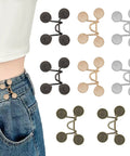Eight Set Pant Waist Tightener Pins For Loose Jeans No Sewing Or Tools Reusable Waist Cincher Clips For Women Clothing Dresses And Skirts In Gold Silver Shiny Black And Bronze Colors Gumotcy. Displayed in four colors with one installed on jeans.