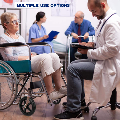 Elderly woman in wheelchair with doctor discussing healthcare, focus on wheel with 6 Pack 6 Inch Replacement Walker Wheels Kit With Bearings And Screws For Wheelchairs And Walkers Rubber Rollator Wheels Universal Fit Includes Tires And Hardware.