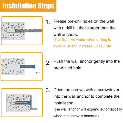 Installation steps for Wall Anchors and Screws Assortment Kit with Drill Bits for Concrete and Drywall, showing step-by-step guide.