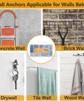 Applicability of 510Pcs Wall Hanging Kit with Anchors and Screws on concrete, brick, drywall, tile, and wood walls for art frames and canvas.