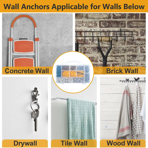 Applicability of 510Pcs Wall Hanging Kit with Anchors and Screws on concrete, brick, drywall, tile, and wood walls for art frames and canvas.