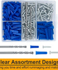 Wall Anchors and Screws Assortment Kit with Drill Bits for Concrete and Drywall, 200-piece set in clear box