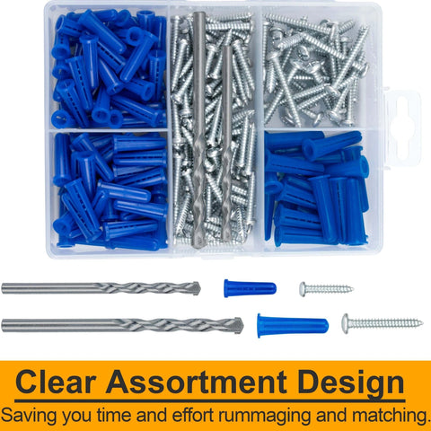 Wall Anchors and Screws Assortment Kit with Drill Bits for Concrete and Drywall, 200-piece set in clear box