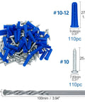 #10-12 Wall Anchors and Screws Kit 220pcs with Plastic Anchors and Galvanized Screws, Includes Drill Bit and Storage Box