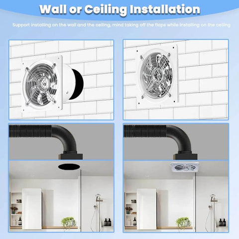 Beefy 8 Inch Exhaust Fan 735 CFM Wall Mounted Ventilation Blower shown installed on wall and ceiling for multiple uses