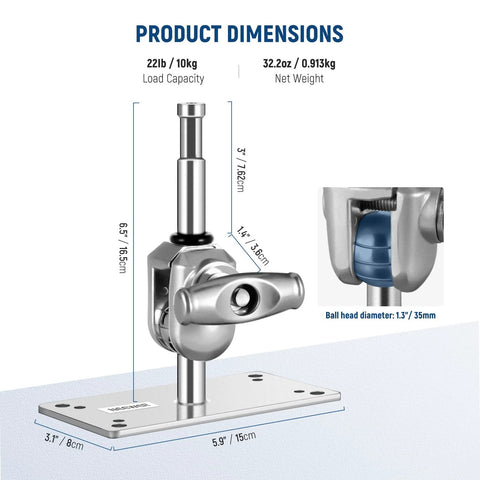 Wall And Ceiling Mount Bracket With Five Eighth Inch Stud And 360 Degree Swivel Ball Head For Ring Light Video Light Or Strobe Includes Ten Screws Heavy Duty Iron Construction Max Load 22 Lb Model ST WM2 shown with dimensions