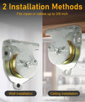 12 Pcs Wall Mount Pulley, 1-1/2" Ceiling Mount Pulley Fit 3/8" Wire Rope, zinc plated, shown in wall and ceiling installation.