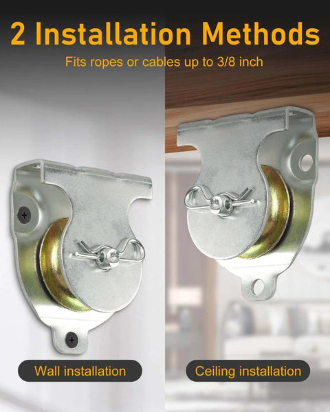 12 Pcs Wall Mount Pulley, 1-1/2" Ceiling Mount Pulley Fit 3/8" Wire Rope, zinc plated, shown in wall and ceiling installation.
