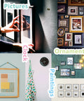 Collage of frames showing clock, pictures, paintings, and ornaments on walls.