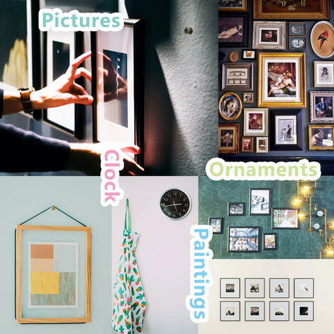 Collage of frames showing clock, pictures, paintings, and ornaments on walls.