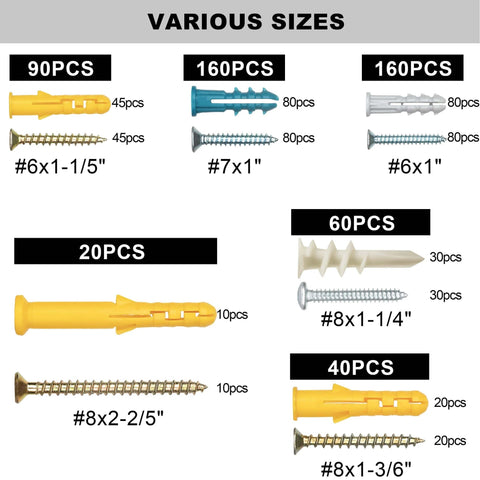 Assorted hardware from 510Pcs Wall Hanging Kit with Anchors and Screws, showing various sizes and colors for different hanging needs.