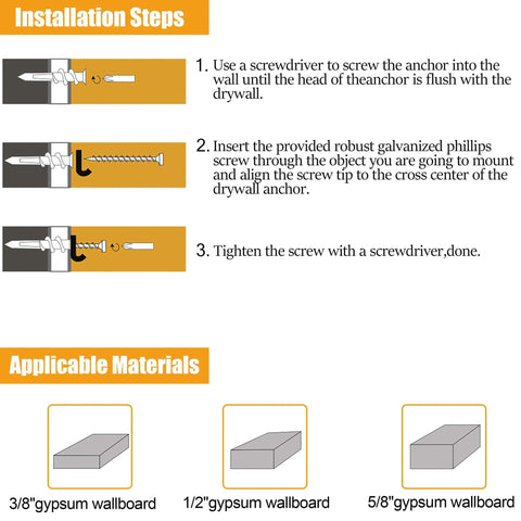 Installation instructions for 510Pcs Wall Hanging Kit with Anchors and Screws, applicable on various wallboards.