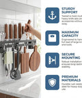 Wall Mount Utensil Rack, 15.7inch Kitchen Utensil Hanger with stainless hooks holding kitchen tools against a tiled wall.