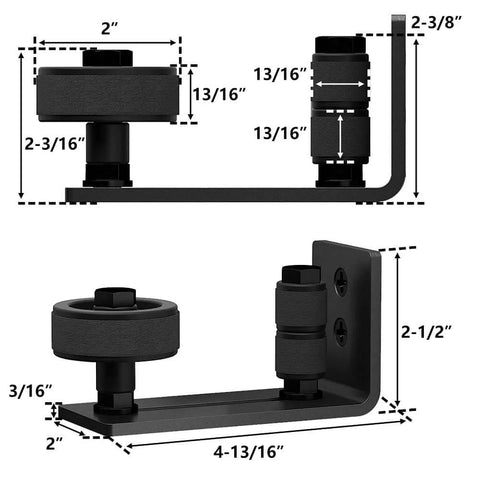 Black 2 Pack Barn Door Floor Guide Wall Mount Stay Roller with dimensions, 8 setup options, felt strip, flush bottom design