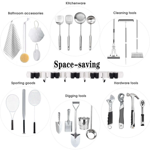 Wall Mount Broom And Mop Holder With Five Racks And Four Hooks Stainless Steel Heavy Duty Organizer Self Adhesive displaying tool organization