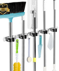 Wall Mount Broom And Mop Holder With Five Racks And Four Hooks Stainless Steel Heavy Duty Organizer Self Adhesive holding cleaning tools
