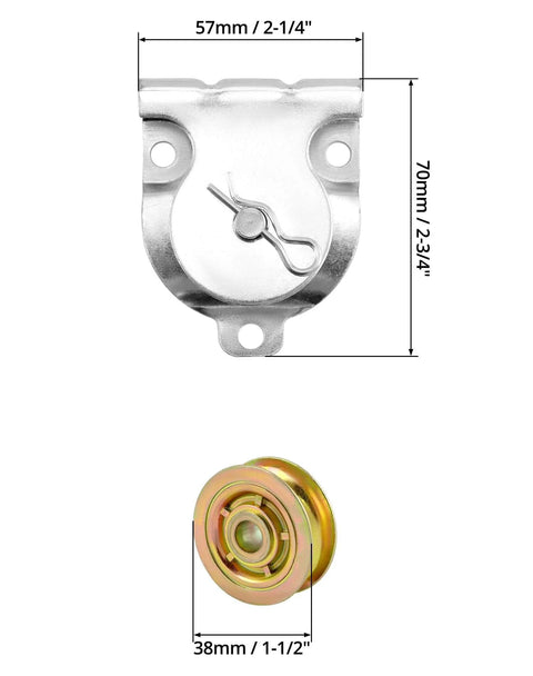 Wall Mount Pulleys, 6 Pcs 1-1/2" Ceiling Mount Single Pulley V-Groove Pulley Hardware Accessories for 3/8" Wire or Rope, Working Load 420 Lbs showing detailed measurements