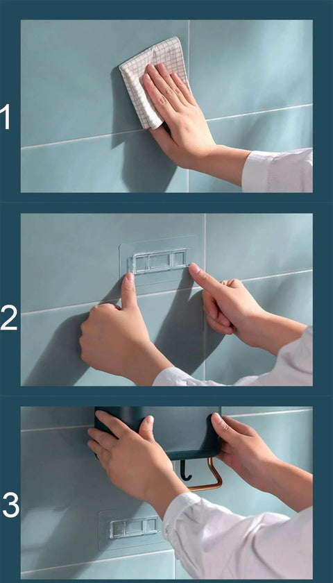 Installation steps for Multifunctional Kitchen Utensils Wall Mounted Organizer Box on smooth tiles