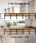 Wall Mount Kitchen Utensil Holder Organizer Rack with 6 Hooks, black metal and bamboo, 2 Set Kitchen Wall Hooks for Hanging Utensils