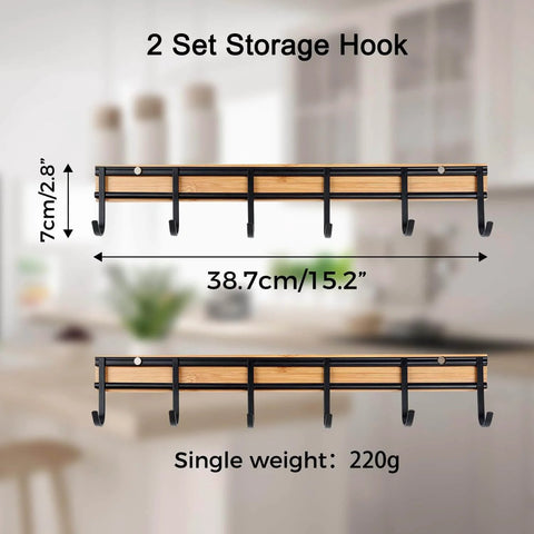Wall Mount Kitchen Utensil Holder Organizer Rack with 6 Hooks, black metal and bamboo, 2 Set Kitchen Wall Hooks for Hanging Utensils