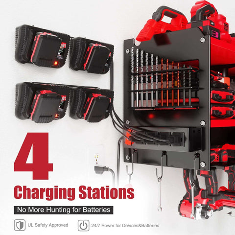 Power Tool Organizer Wall Mount With Four Outlet Power Strip And Five Foot Heavy Duty Power Cord shown with drills and batteries
