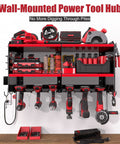Power Tool Organizer Wall Mount With Four Outlet Power Strip and Heavy Duty Metal Storage Rack for Garage holding tools.