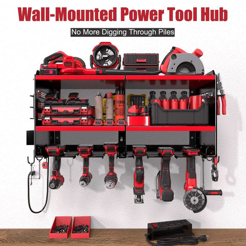 Power Tool Organizer Wall Mount With Four Outlet Power Strip and Heavy Duty Metal Storage Rack for Garage holding tools.