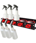 Wall Mounted Spray Bottle Rack With Five Hooks Heavy Duty Cold Rolled Steel Organizer for car wash bottles and garden sprayers.