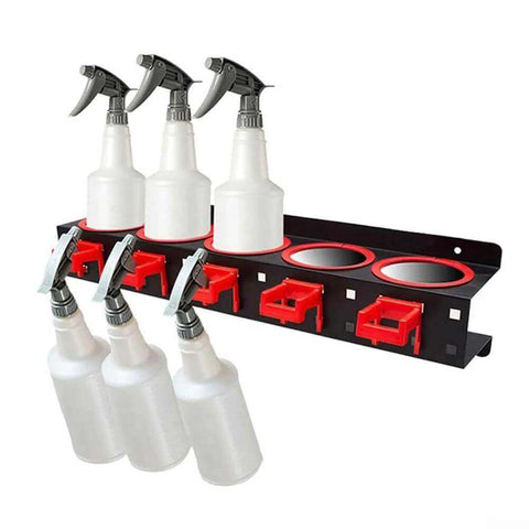Wall Mounted Spray Bottle Rack With Five Hooks Heavy Duty Cold Rolled Steel Organizer for car wash bottles and garden sprayers.