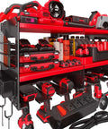 Power Tool Organizer Wall Mount With Four Outlet Power Strip and Five Foot Heavy Duty Power Cord, metal rack for garage holding drills and batteries