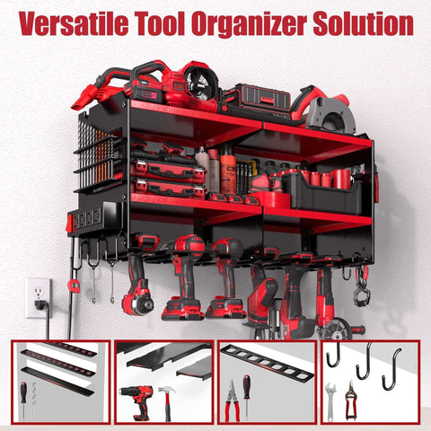 Power Tool Organizer Wall Mount With Four Outlet Power Strip And Five Foot Heavy Duty Power Cord showing drills and tools stored
