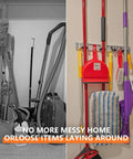 Wall Mounted Broom Holder With 4 Racks And 5 Hooks organizing mops and tools in a garage storage setup