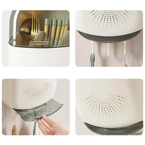 Wall Mounted Cutlery Holder - Kitchen Utensil Storage Box with Lid - Chopstick Container - Drain Racks close-up of compartments and drainage