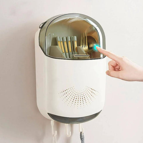 Wall Mounted Cutlery Holder - Kitchen Utensil Storage Box with Lid - Chopstick Container, being used in kitchen setup