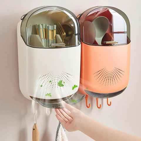 Wall Mounted Cutlery Holder - Kitchen Utensil Storage Box with Lid - Chopstick Container - Two units installed on wall with utensils