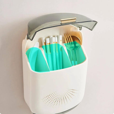 Wall Mounted Cutlery Holder - Kitchen Utensil Storage Box with Lid - Chopstick Container - Spoons and Forks in Organizer