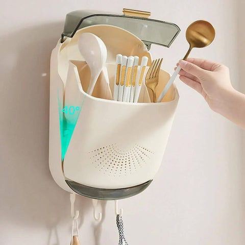 Wall Mounted Cutlery Holder - Kitchen Utensil Storage Box with Lid - Chopstick Container - Dustproof Spoon and Chopstick Organizer