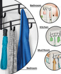 Wall-mounted multi-hook rack in black metal with coats and towels, shown in bathroom, kitchen, mud room, and bedroom views.