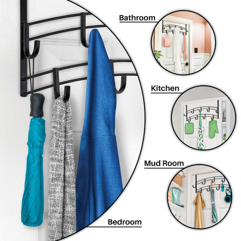 Wall-mounted multi-hook rack in black metal with coats and towels, shown in bathroom, kitchen, mud room, and bedroom views.