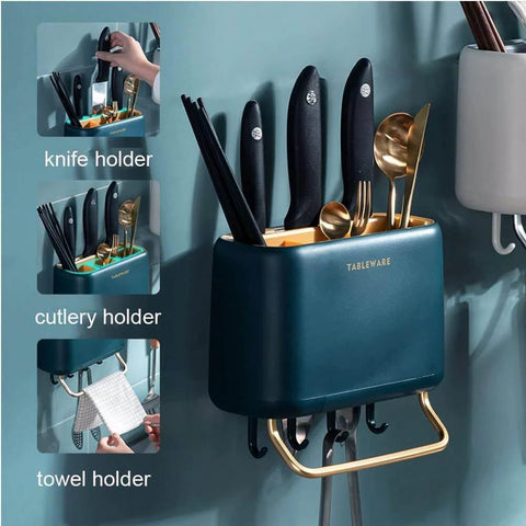 Multifunctional Kitchen Utensils Wall Mounted Organizer Box,Cookware Cutlery Holder Tableware Wall Drainer Self Drying Rack with Hooks and Towel Rack (White) holding knives, cutlery, and towels