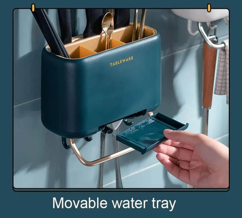 Multifunctional Kitchen Utensils Wall Mounted Organizer Box with movable water tray showing self-draining feature, knives and kitchen tools stored.