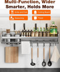 Wall-mounted kitchen rail with hooks, holding utensils and bottles, waterproof design, easy no-drill installation, 23.6 inches long.