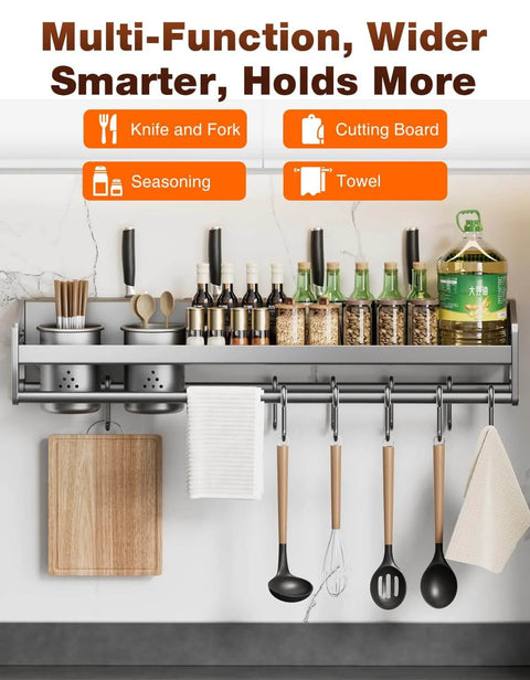 Wall-mounted kitchen rail with hooks, holding utensils and bottles, waterproof design, easy no-drill installation, 23.6 inches long.