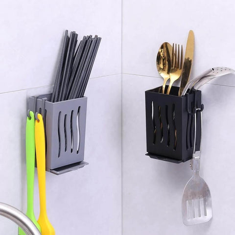 Wall-mounted Multifunctional Kitchen Utensil Rack Draining Chopstick Holder with cutlery and spatula storage box (Black).
